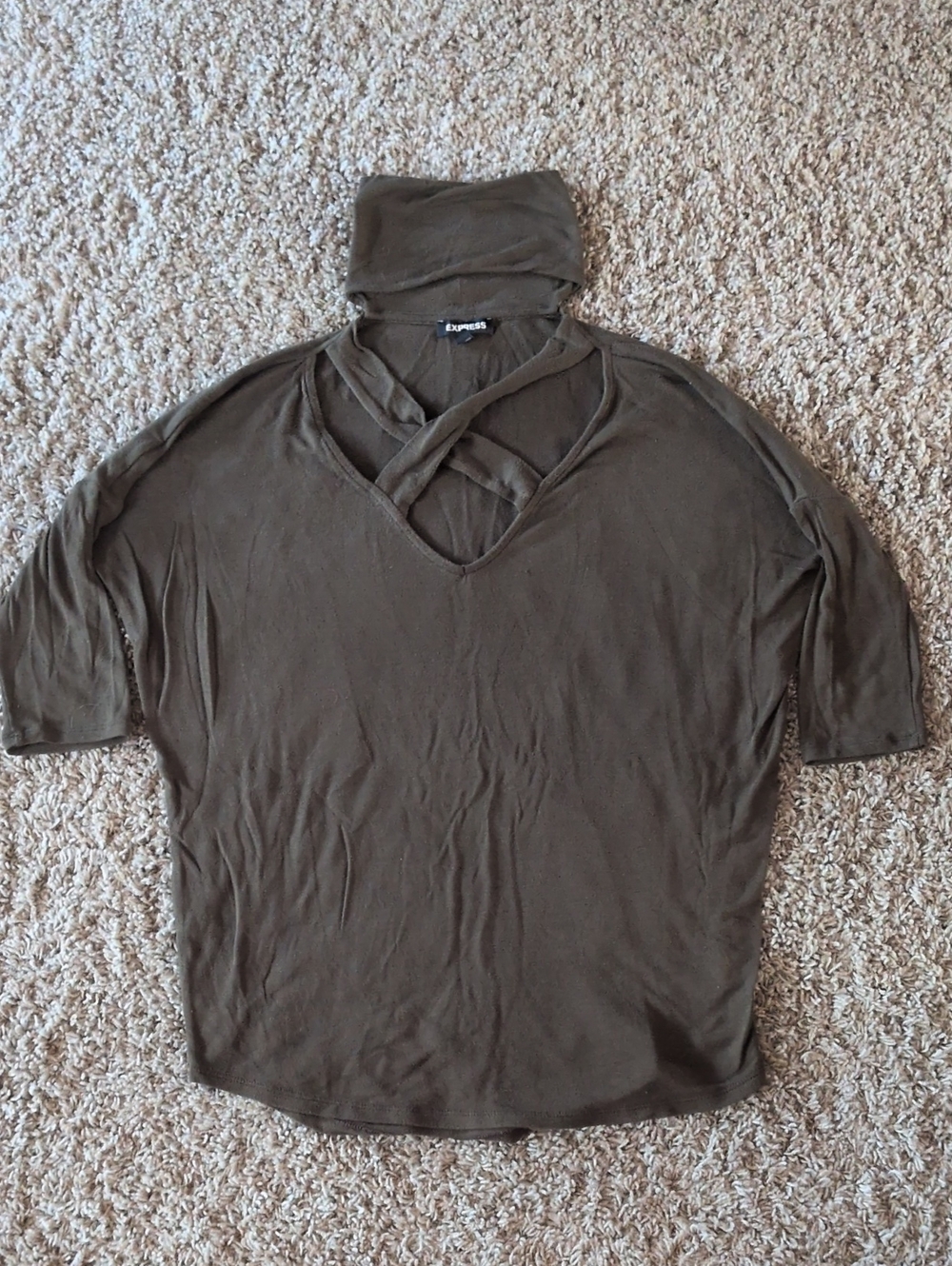 Express Men's Olive Green Hooded V-Neck Tee with Crisscross Detail